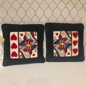 Set of 2 NWT black velvet queen hearts pillows needlepoint tapestry stitch Alice